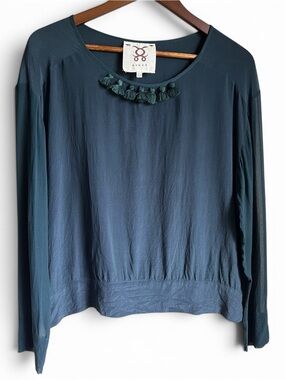 Figue Women’s S 100% Silk Tassel Blouse Top Teal Long Sleeve Boho Resort Artisan